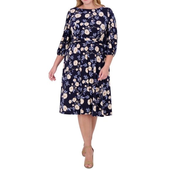 Jessica Howard Womens Plus Floral Print Gathered Waist Dress Navy Size 16W NWT - Picture 1 of 3